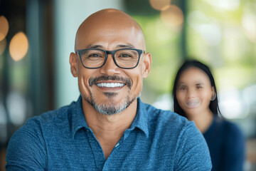 Wall Mural - A man in glasses smiles while looking at the camera.