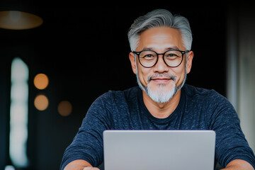 Wall Mural - Smiling man with grey hair working on a laptop.