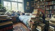 © earnjubu - Bookworm's Paradise: A Cozy Bedroom Filled with Stacks of Books