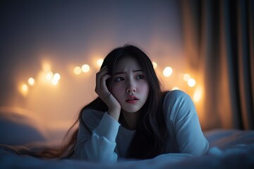 Wall Mural - Annoyed, stressed, anxiety asian young woman suffering from insomnia, frustrated awake on bed at night, headache or migraine, health care problem, disturbed trouble of loud noise, unable sleepless, ai