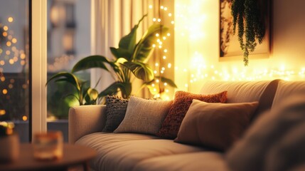 A cozy living room with decorative cushions, soft lighting, and space for copy or design elements