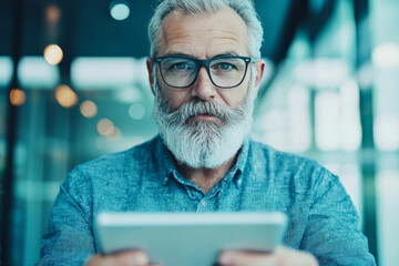 Wall Mural - A mature man with a gray beard uses a tablet.