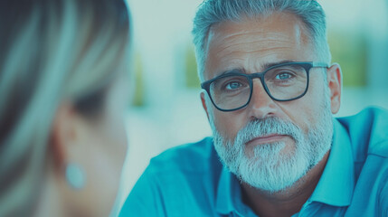 Wall Mural - A man in glasses listens attentively.