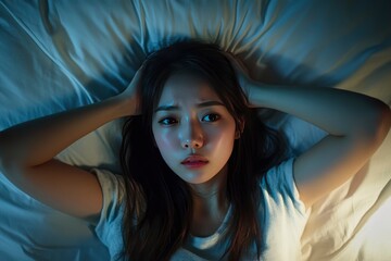 Wall Mural - Annoyed, stressed, anxiety asian young woman suffering from insomnia, frustrated awake on bed at night, headache or migraine, health care problem, disturbed trouble of loud noise, unable sleepless, ai