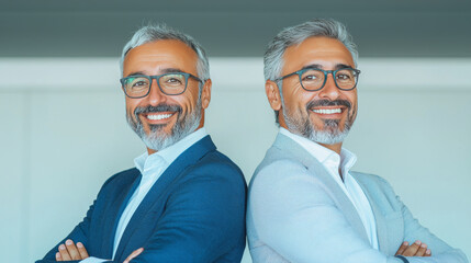 Two smiling men in suits stand back to back, looking confident and successful.