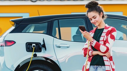 Woman using smartphone waiting while her electric car charges in suburban neighborhood, sustainable energy eco friendly transportation banner