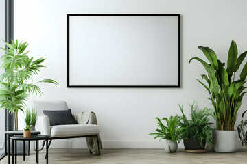 simple minimalist frame mockup poster hanging on the white wall