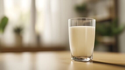 A glass of milk placed on a dining table, with the smooth, white liquid contrasting against the clear glass. The table is simple, with subtle details visible in the background. 