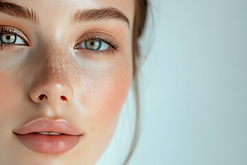 Wall Mural - Close-up photo of a beautiful young woman's face with fresh and smooth skin and pink lips with a light background _ smooth skin with skin and body care , ai