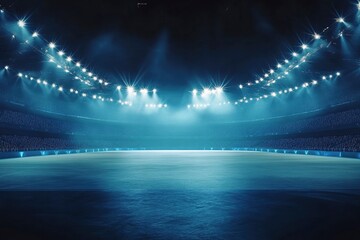 Wall Mural - Modern empty football stadium illuminated by spotlights with stages full of spectators ready to watching final game. Concept of professional sport, competition, championship, match, energy, ai