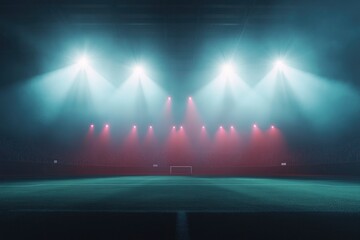 Wall Mural - Modern empty football stadium illuminated by spotlights with stages full of spectators ready to watching final game. Concept of professional sport, competition, championship, match, energy, ai