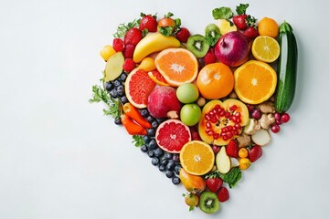 Wall Mural - Fruits and vegetables concept, Fruits and vegetables in heart shape on white background, ai