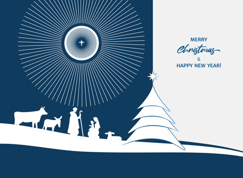 Greeting card or banner Merry Christmas and Happy New Year. Minimalist style. Silhouettes of Jesus Christ, Mary, Joseph and animals on a white and blue background