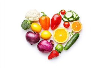 Wall Mural - Fruits and vegetables concept, Fruits and vegetables in heart shape on white background, ai