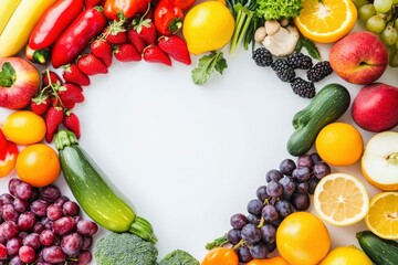 Wall Mural - Fruits and vegetables concept, Fruits and vegetables in heart shape on white background, ai