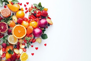 Wall Mural - Fruits and vegetables concept, Fruits and vegetables in heart shape on white background, ai