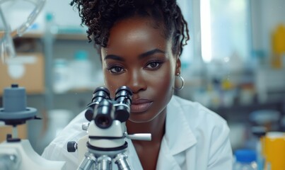 Sticker - A young Black female scientist examining samples under a microscope in a medical research-focused laboratory. Free copy space for text.