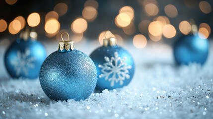 Poster - Christmas eve setting with blue ornaments on snowy ground, perfectly sparkling under the festive lights of the season.