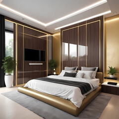 Master bedroom interior design with a futuristic minimalist style metallic gold accents