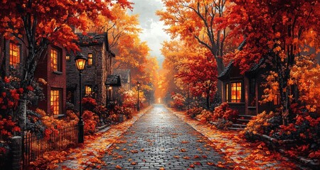 Wall Mural - Golden leaves blanket the cobblestone road, creating a warm, inviting atmosphere. Cozy homes with glowing windows line the path, offering a peaceful retreat during a beautiful autumn evening