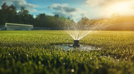 Sticker - Sprinkler watering a green lawn in the afternoon sunlight.