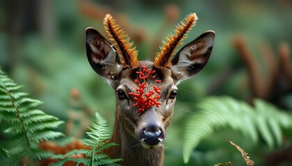 Wall Mural - Intimate Portrait of a Red Deer Hind Amidst Lush Bracken