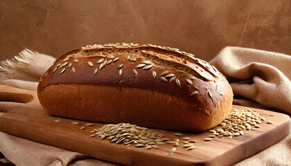 A loaf of tasty fragrant fresh grain rye bread is on the table. Homemade baked goods with love from own bakery, start-up, own business.