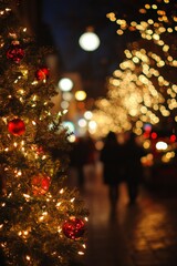 Sticker - Snow-covered Christmas tree adorned with glowing lights on a festive street during a snowy winter evening.