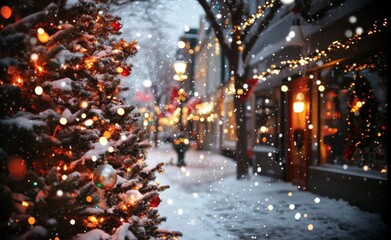 Poster - Snow-covered Christmas tree adorned with glowing lights on a festive street during a snowy winter evening.