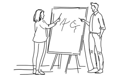 Minimalist one-line drawing of two people working together on a whiteboard, showcasing collaborative brainstorming.