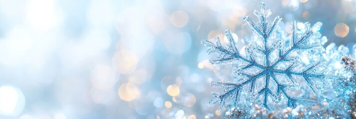 Poster - Close-up of a delicate snowflake with a sparkling bokeh background. Ideal for Merry Christmas and winter holiday themes.