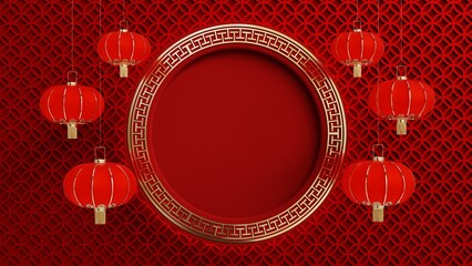 Wall Mural - 3D Render Illustration of Golden Frame with Red Chinese Lantern. Happy Chinese New Year Banner Design Space for Text 3D Illustration