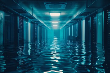 Poster - A server room deep underwater, reflecting the concept of liquid cooling , Waterlogged hallway in a building, showcasing standing water that obscures the floor and creates a reflective surface.