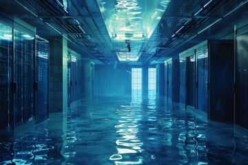 Poster - A server room deep underwater, reflecting the concept of liquid cooling,A hallway submerged in water, illustrating the extent of flooding within the building and the impact on the interior space.