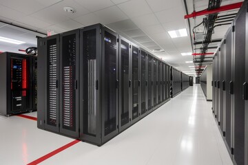 Poster - A sleek, modern data center with technicians at work ,A spacious room filled with multiple rows of servers, showcasing advanced technology and organized infrastructure.