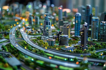 Poster - a smart city infrastructure model , a small city model aglow with lights, creating a vibrant scene u