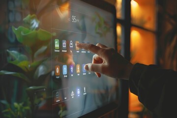 Poster - A smart home system on a touch screen , A person interacting with a touchscreen displaying various icons, showcasing technology and user engagement.