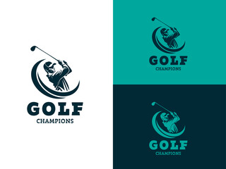 Silhouette golfer swinging club with GOLF CHAMPIONS text. Ideal for golf tournament promotional materials, sports websites and social media. EPS Layered Vector File