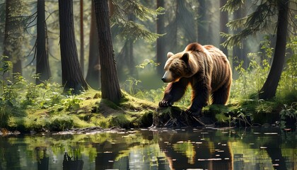 Eurasian Brown Bear Ascending a Tree Near a Tranquil Pond in a Lush Forest