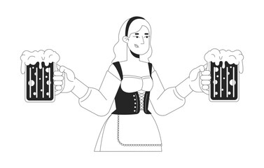 Wall Mural - Blonde woman carrying mugs of craft beer black and white 2D line character. Pretty waitress serving clients at oktoberfest isolated vector outline person. Monochromatic spot illustration