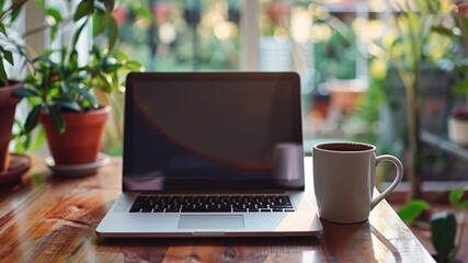 Poster - A laptop sits open next to a coffee cup on a wooden table, surrounded by green plants. Sunlight pours in, creating a warm and inviting atmosphere for work.