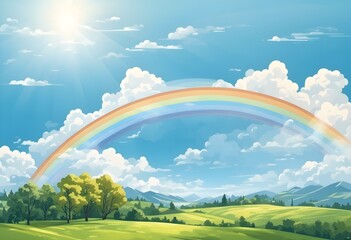 Rainbow over green meadow, bright blue sky with clouds, graphic digital illustration banner wallpaper background HD copy space for text 