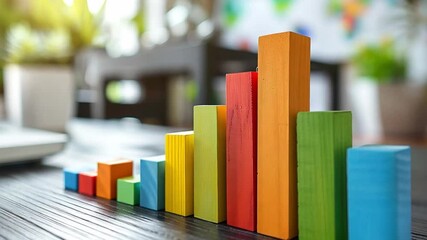 Aufkleber - Various colorful wooden blocks are stacked in a bar chart layout on a table in a well-lit workspace, symbolizing growth and progress in a creative environment.