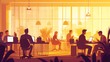 © Michal - A bustling office scene with people working on laptops and smartphones, depicted in an animated style