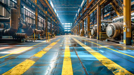 Wall Mural - Large metal pipes and machines dominate the industrial space, while a stainless steel ventilation system stands out against the bright blue floor