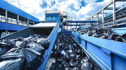 Fototapete - Black plastic garbage bags travel on a conveyor belt at a facility dedicated to waste recycling and environmental sustainability