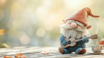 Wall Mural - A charming garden gnome with an orange hat plays a small guitar while sitting beside a steaming cup of coffee on a wooden surface outdoors, surrounded by autumn leaves and soft sunlight.