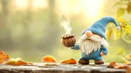 Wall Mural - A cute garden gnome with a blue hat stands outdoors holding a steaming cup, surrounded by autumn leaves on a wooden surface, with soft sunlight in the background.