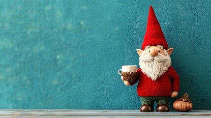 Wall Mural - A cheerful garden gnome with a red hat and sweater stands holding a coffee cup, next to a decorative acorn, set against a teal background in a minimalist setting.