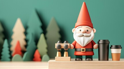 Wall Mural - A charming garden gnome with a red hat stands with binoculars and coffee cups against a minimalist forest-themed background in soft tones.